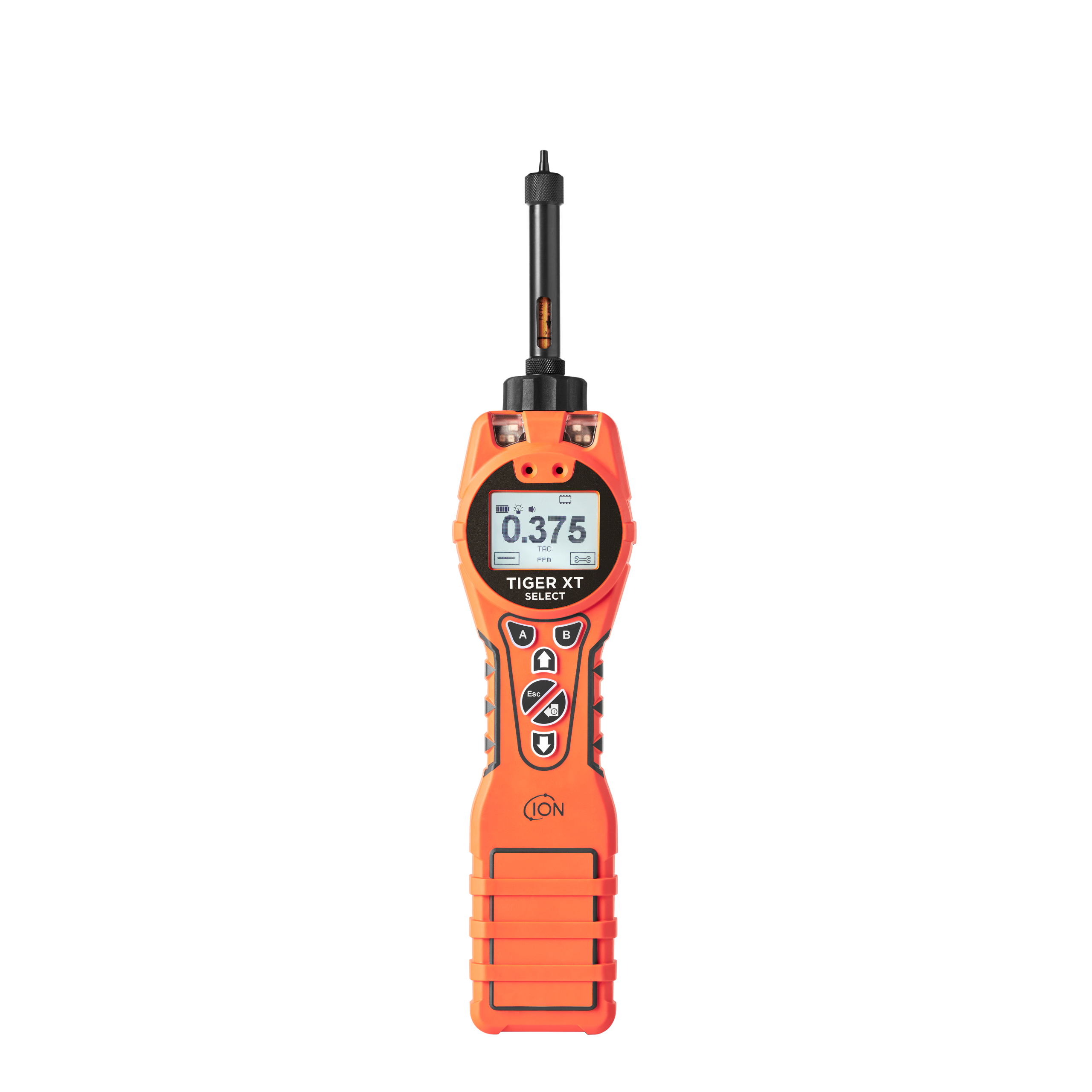 Orange handheld Gas detector device with a black tube on top